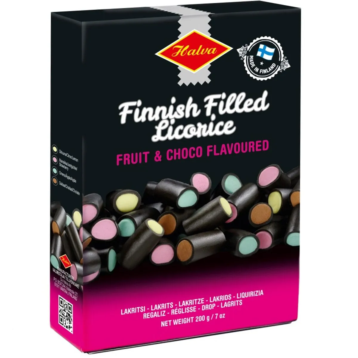 6420900007031HA-1 Halva Finnish Filled Licorice - Lakritz Box - Frucht/Schoko (200g)
