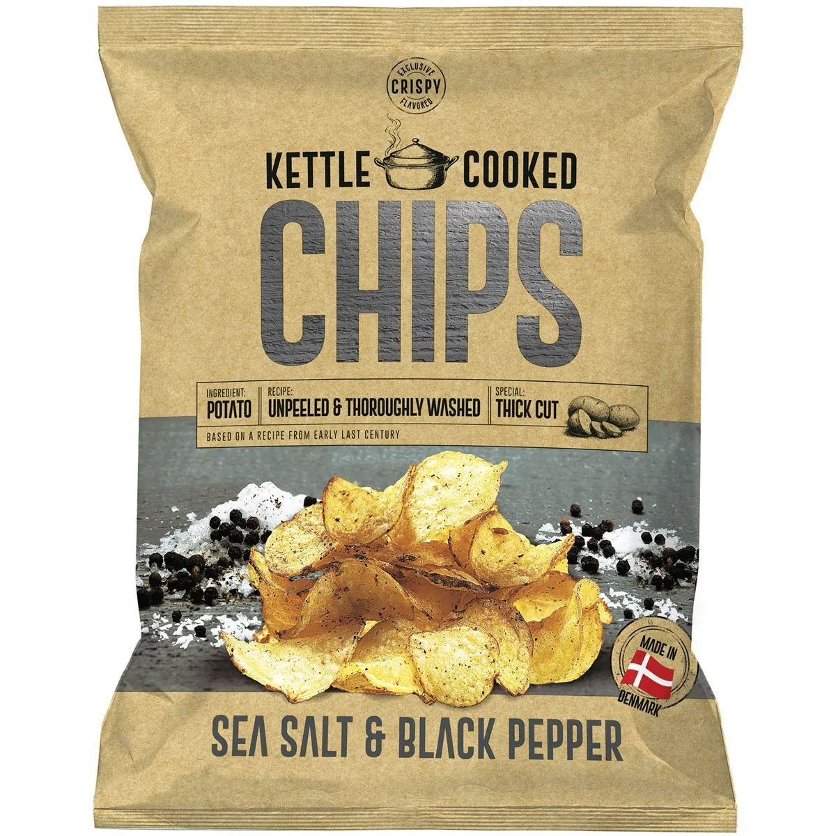 5701397300203KETT-1 OK Snacks Kettle Chips SEASALT & BLACK PEPPER aus Dänemark (150g)