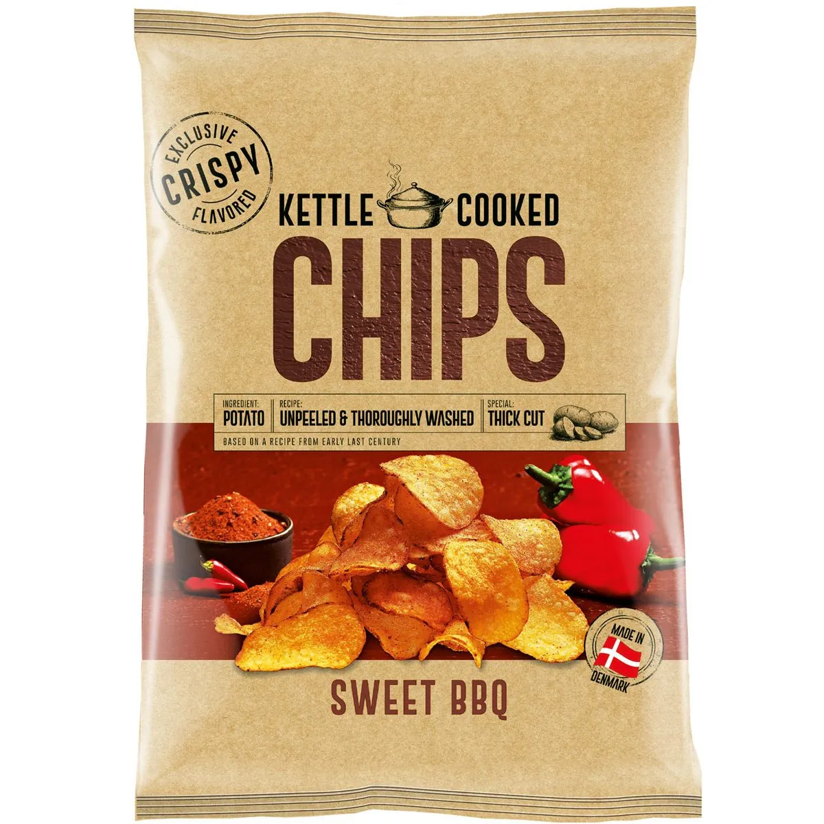 5701397326616KETT-1 OK Snacks Kettle Chips SWEET BBQ aus Dänemark (150g)