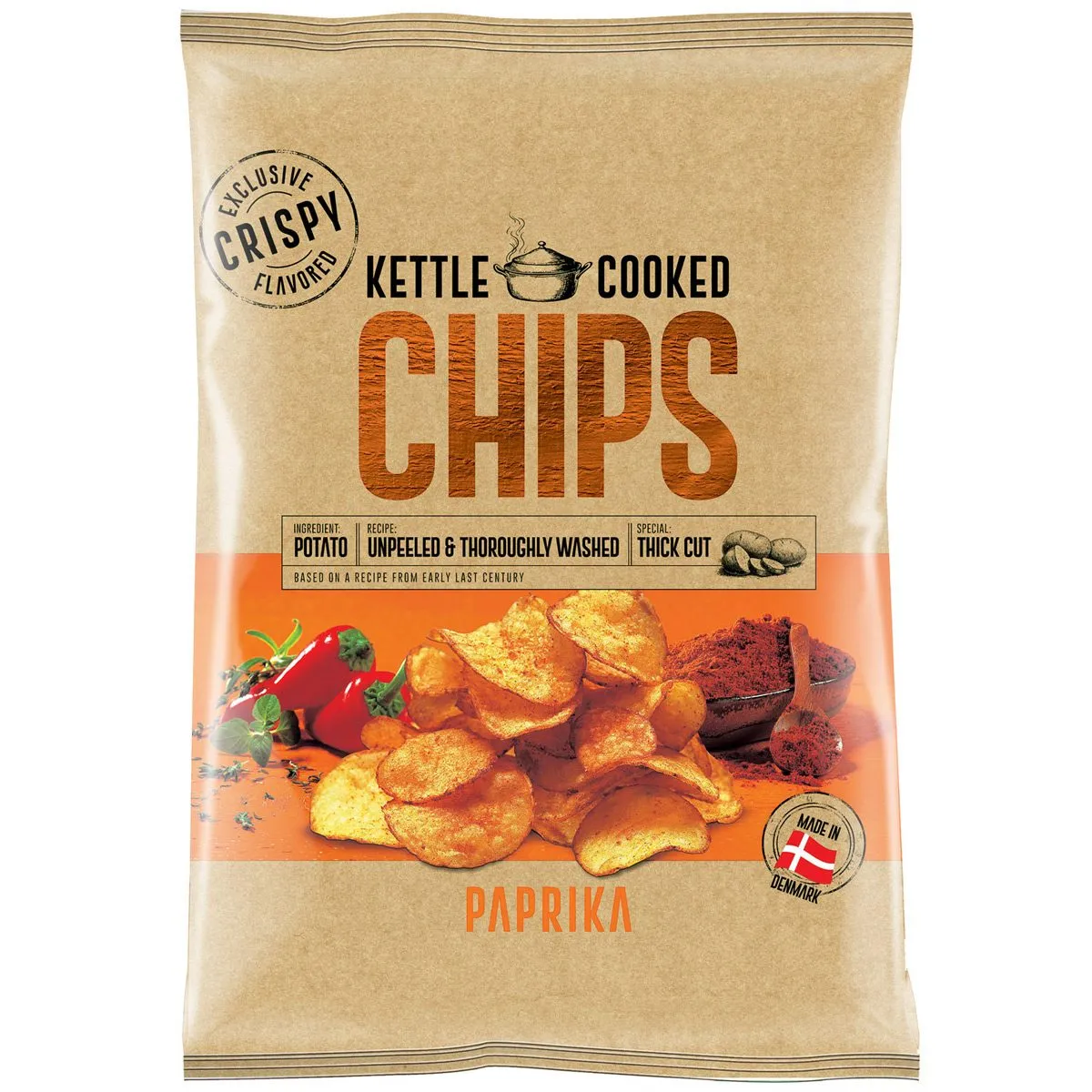 5701397326548-1 OK Snacks Kettle Chips PAPRIKA aus Dänemark (150g)