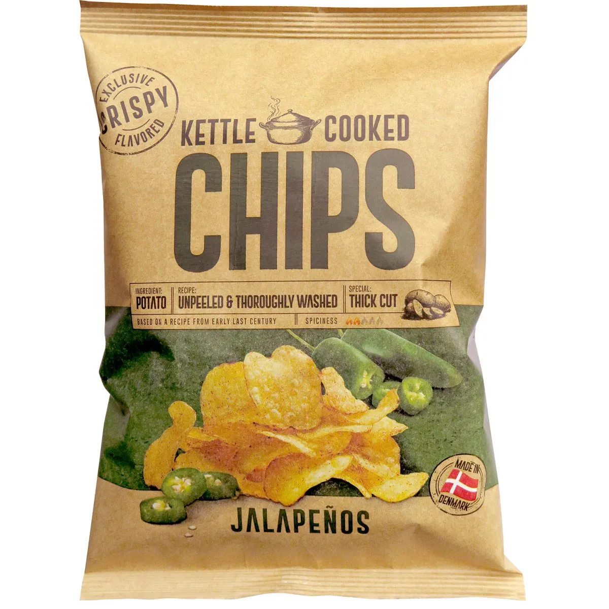 5701397301361-1 OK Snacks Kettle Chips JALAPENO aus Dänemark (150g)