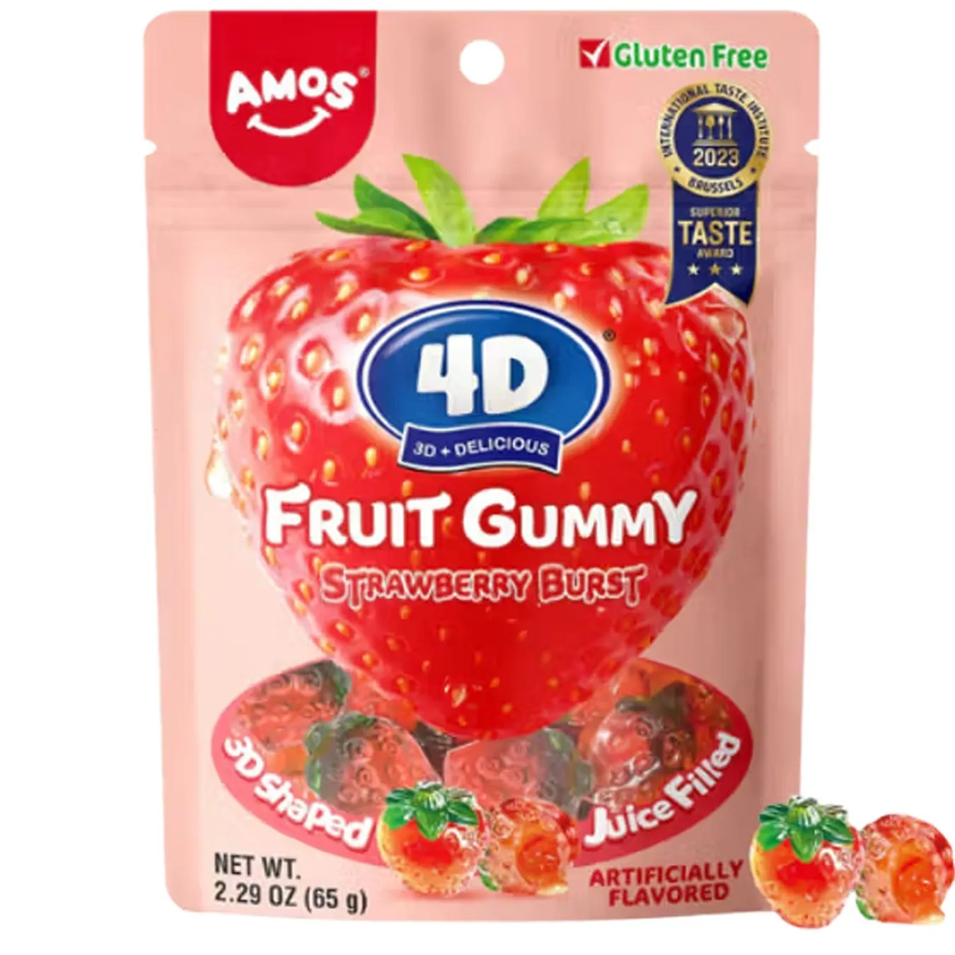 6936756278834AMO-1 AMOS 4D Fruit Gummy Strawberry Burst – Fruchtgummi mit Erdbeerfüllung (65g)