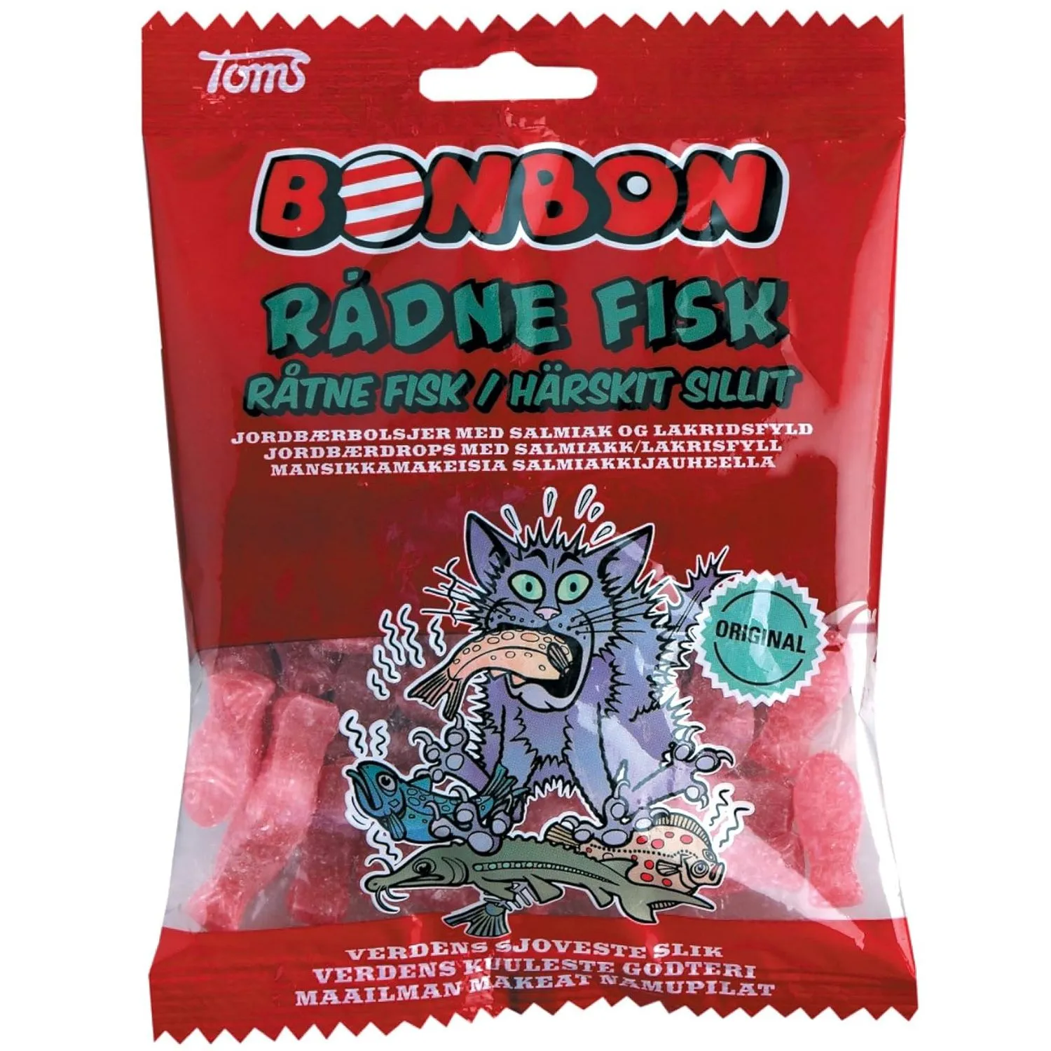 5774540702506TOM-1 BonBon Rådne Fisk – Erdbeerbonbons mit Salmiak-Lakritzfüllung (125g)