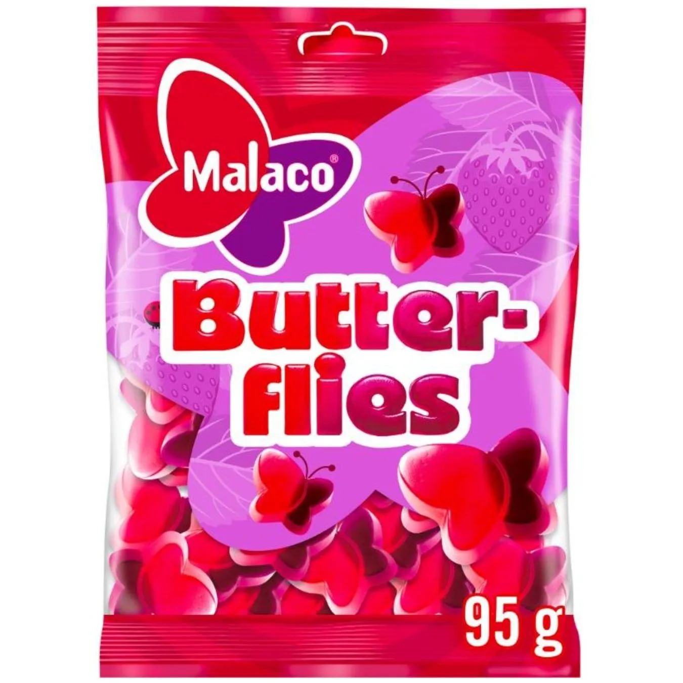 7310350505210MAL-1 Malaco Butter-Flies - Weingummi mit Erdbeer- und Rhabarbergeschmack (95g)
