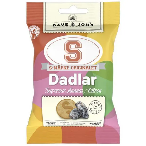 S-Märke Dave & Jon's S-Märke Dadlar Supersur Ananas & Citron – vegane saure Datteln mit Ananas-Zitronen-Geschmack (50g)