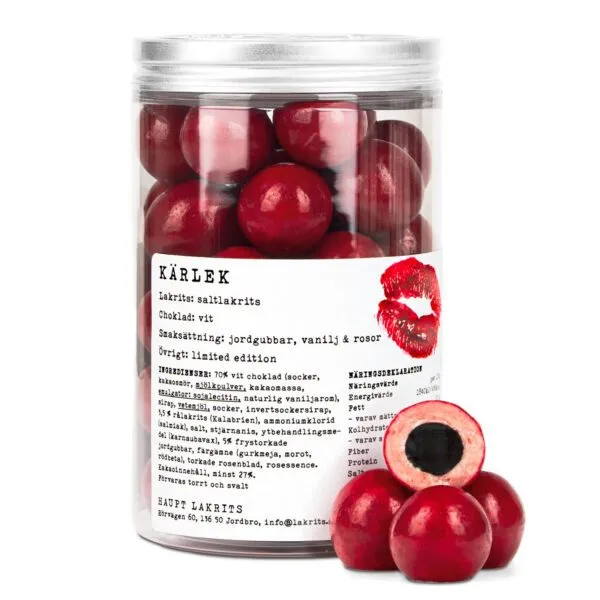 Haupt Lakrits Kärlek – Salzlakritz mit weißer Schokolade, Erdbeeren, Vanille & Rosen (250 g)